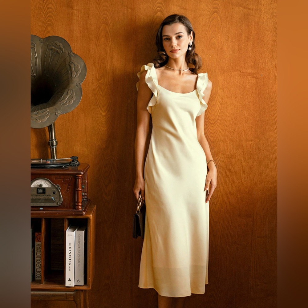 RIHOAS Cream Ruffle-Shoulder Midi Dress